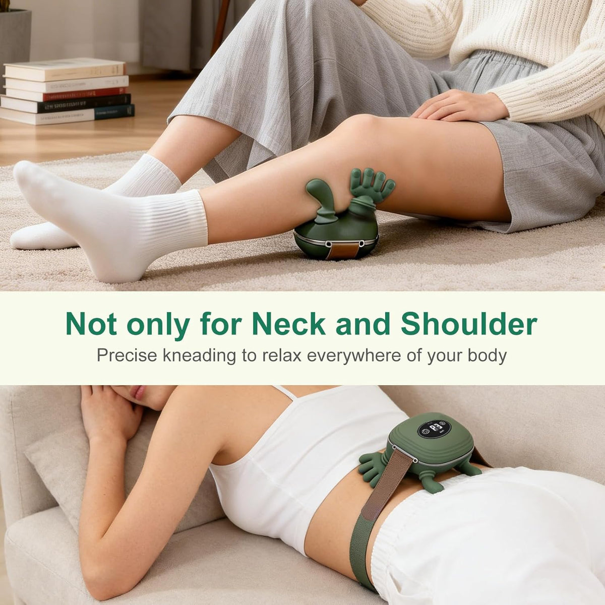 TheraHands massage device used on legs and back for full body relaxation